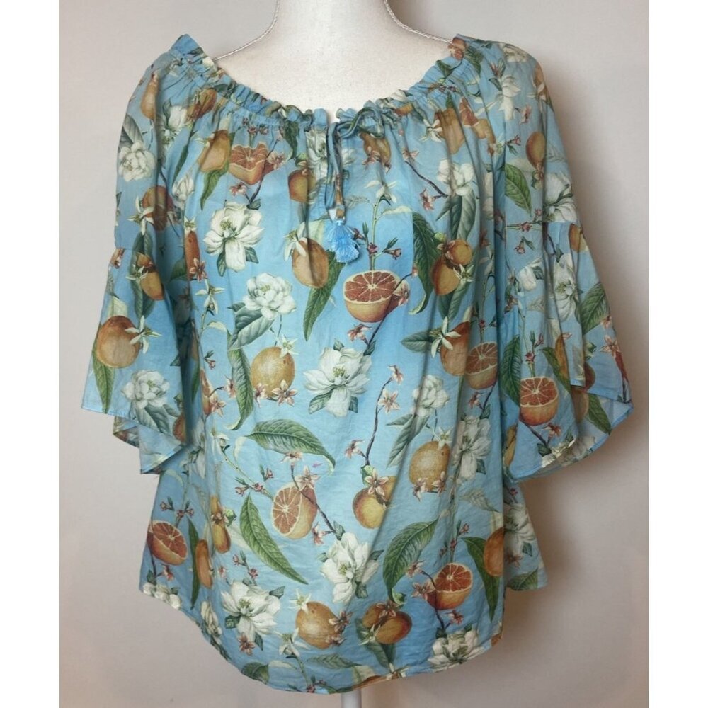 Hale Bob Shirt Blouse Boho Tassel Blue Oranges Bell Sleeve Medium M